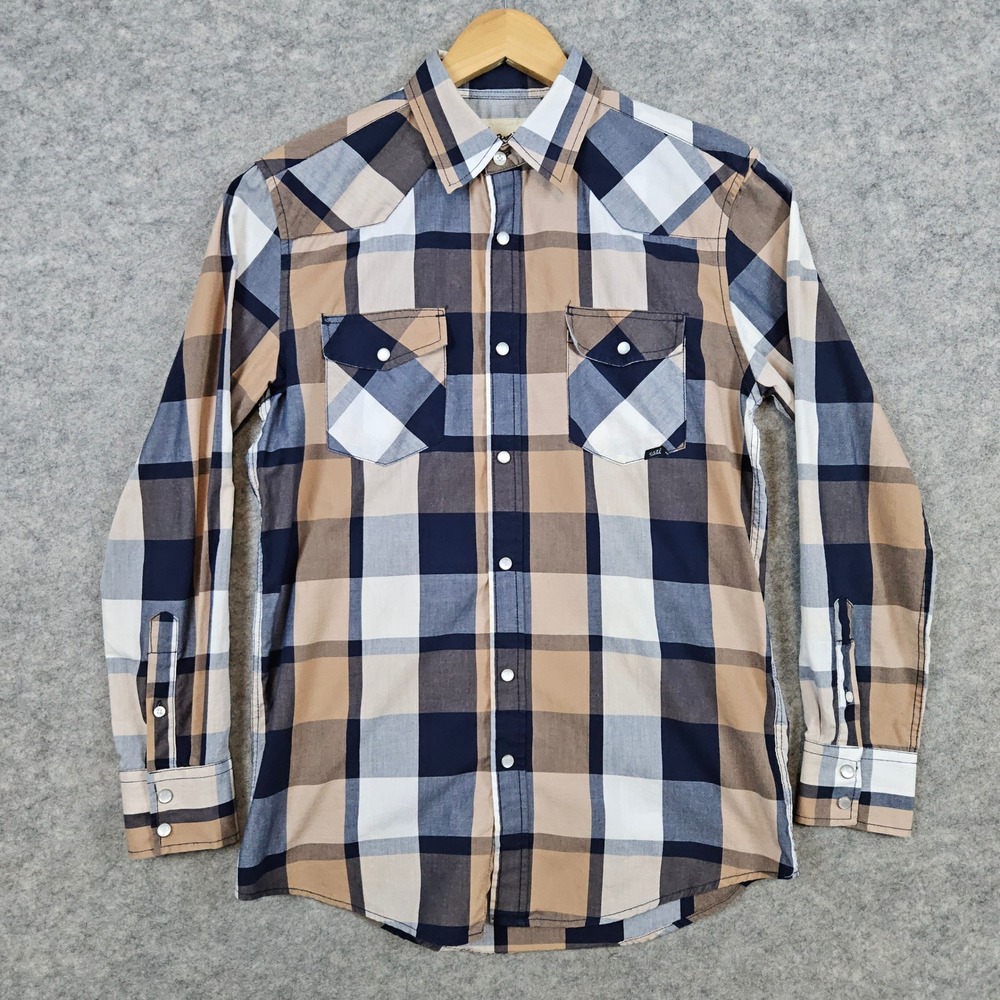 Coastal Men's Blue & Tan Plaid Pearl Snap Shirt Size S Cowboy Western Rodeo